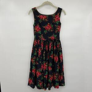 Vintage 60s Dress Fit & Flare Ditsy Floral Rose Print Sleeveless Black Womens XS